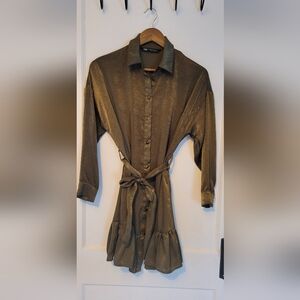 Zara Olive Green Button-Front Shirt Dress with Tie Waist